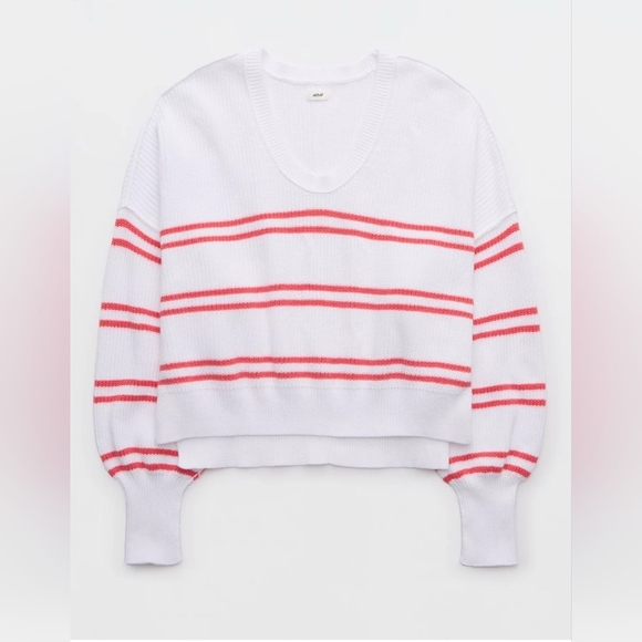 Aerie Beyond Cropped Sweater White Coral Red Stripes Size S - Picture 2 of 8